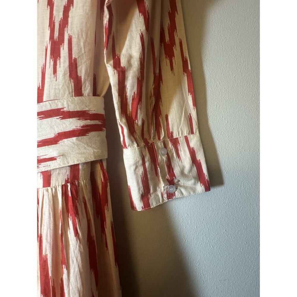 Guadalupe SZ Large Meredith Red Ikat Dress drop waist 1/4 button Cottagecore - Picture 10 of 11